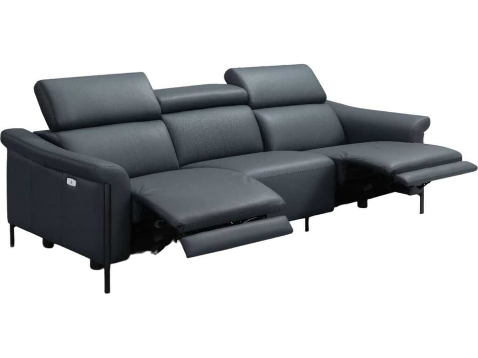 Martine 3-Seat Power Reclining Sofa in Blue Top Grain Leather with Black Metal Legs