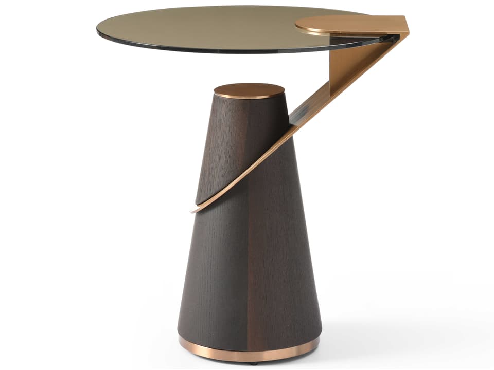 Zaria Round Side Table in Grey Glass with Smoke Oak Veneer and Rose Gold Accents