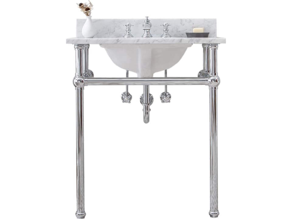 Embassy 30 Inch Single Wash Stand with Carrara Marble Top and Chrome Faucet