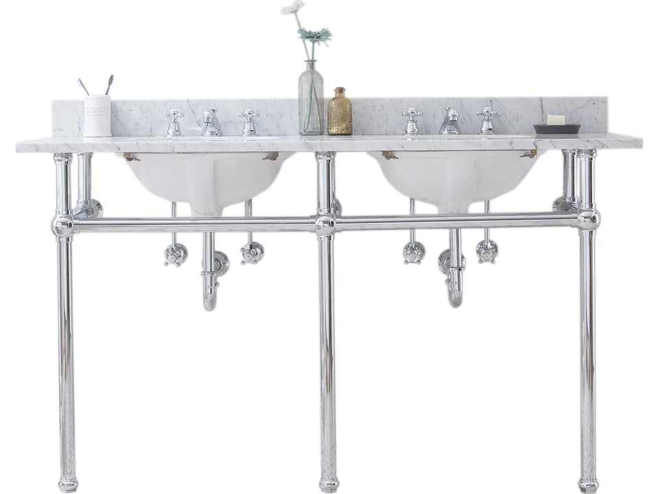 Embassy 60 Inch Double Wash Stand with Carrara White Marble Top and Chrome Faucets
