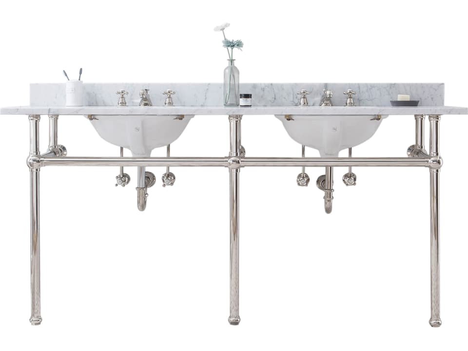 Embassy 72-Inch Double Wash Stand with Carrara White Marble Top in Polished Nickel PVD