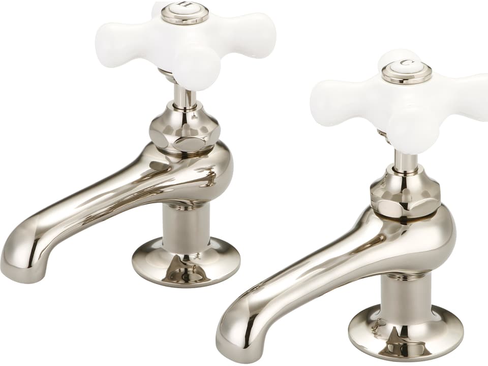 Vintage Classic Basin Cocks Lavatory Faucet Polished Nickel with Porcelain Cross Handles