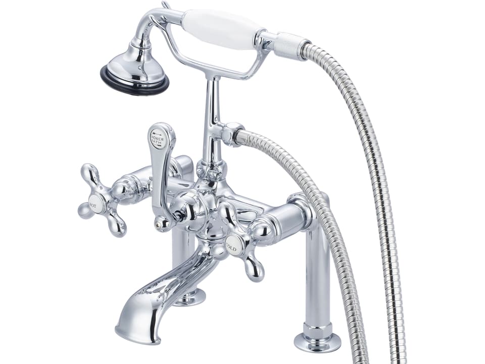 Vintage 3-Handle Deck Mount Claw Foot Tub Faucet with Handshower in Polished Chrome