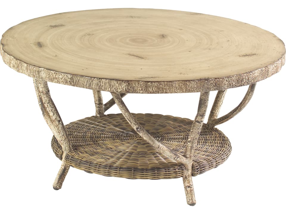 Whitecraft River Run Wicker Antique Palm Round Faux Birch Top Patio Coffee Table