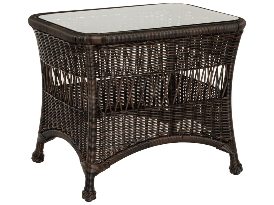 Sommerwind Rectangular Wicker End Table with Glass Top in Chocolate