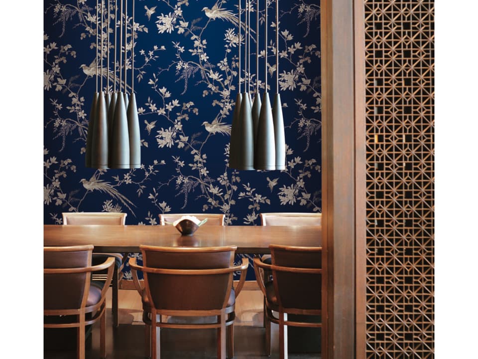 Ronald Redding 24 Karat Blue Bird Blossom Chinoserie Wallpaper