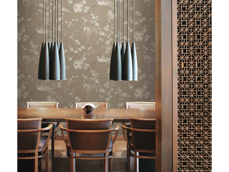 Ronald Redding 24 Karat Brown Bird Blossom Chinoserie Wallpaper