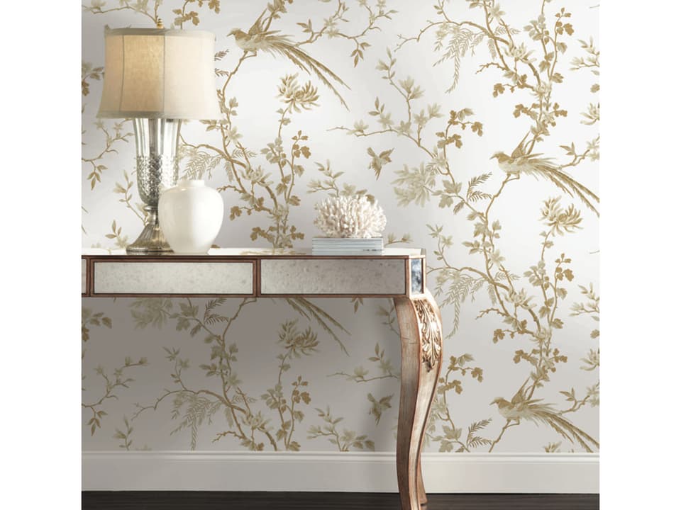 Ronald Redding 24 Karat White Gold Bird Blossom Chinoserie Wallpaper