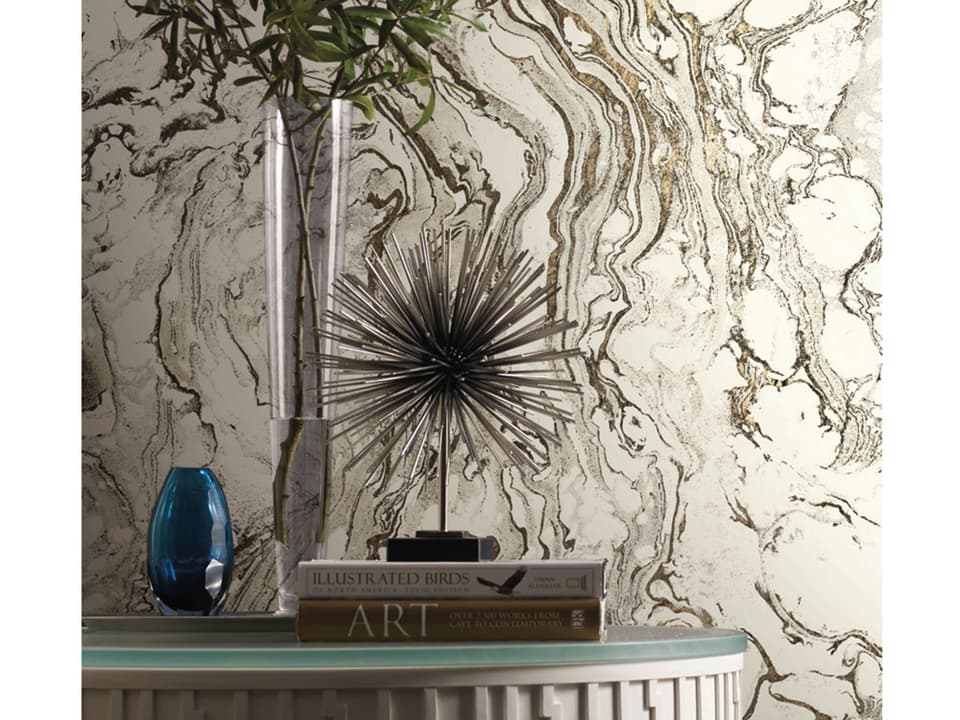 Ronald Redding 24 Karat Black White Polished Marble Wallpaper