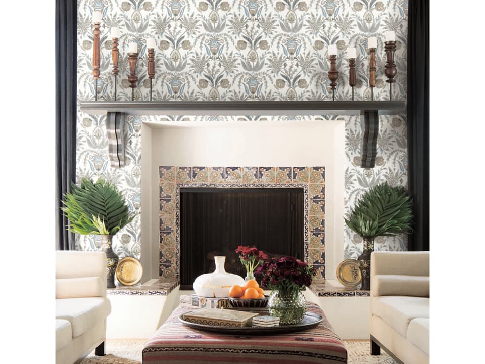Mediterranean Taupe Blue Seaside Jacobean Wallpaper