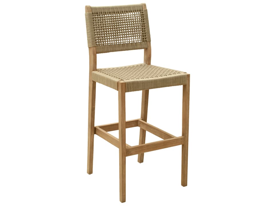 Corde Modern Acacia Wood and Wicker Outdoor Bar Stool in Natural Beige