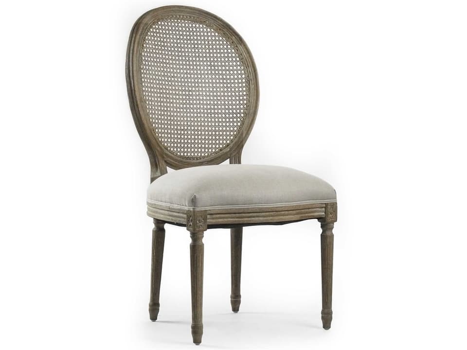 Medallion Cane Back Dining Side Chair in Limed Grey Oak and Natural Linen