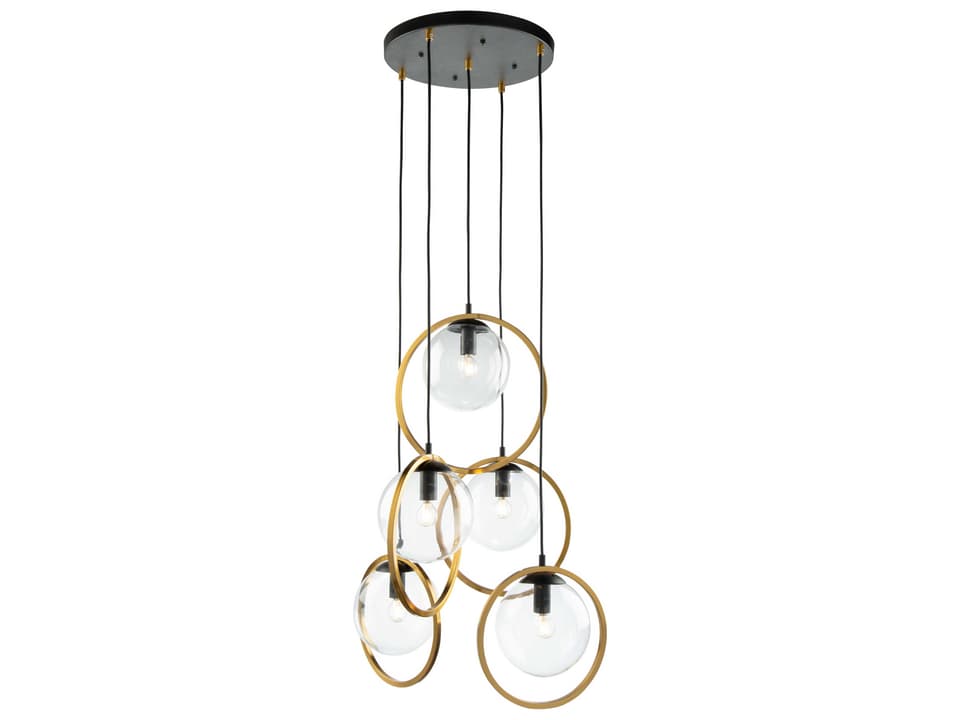 Lugano 5-Light Cluster Pendant Light in Black and Vintage Brass