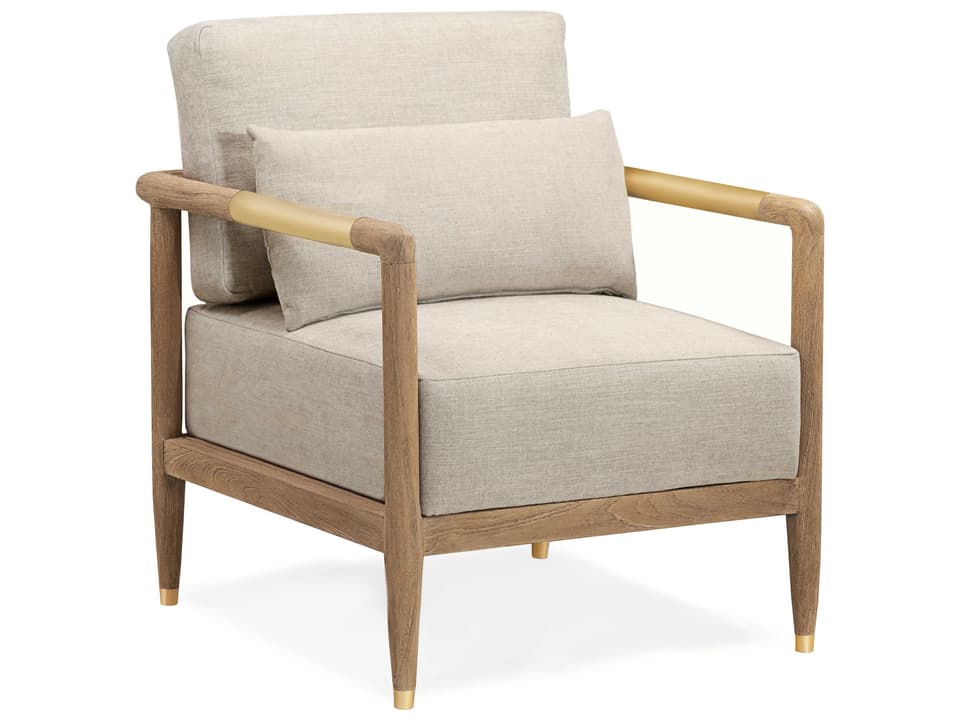 Carson Teak and Brass Accent Chair in Beach Crypton Fabric