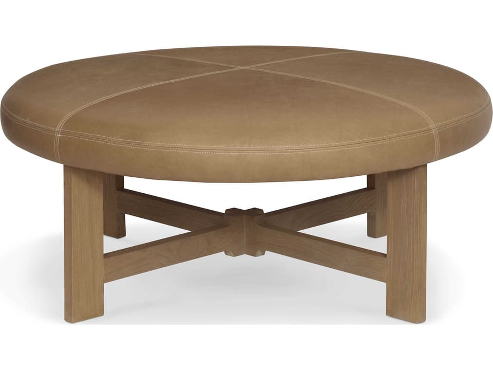 Nelson 46-Inch Round Italian Leather Ottoman in Caramel with Teak Base