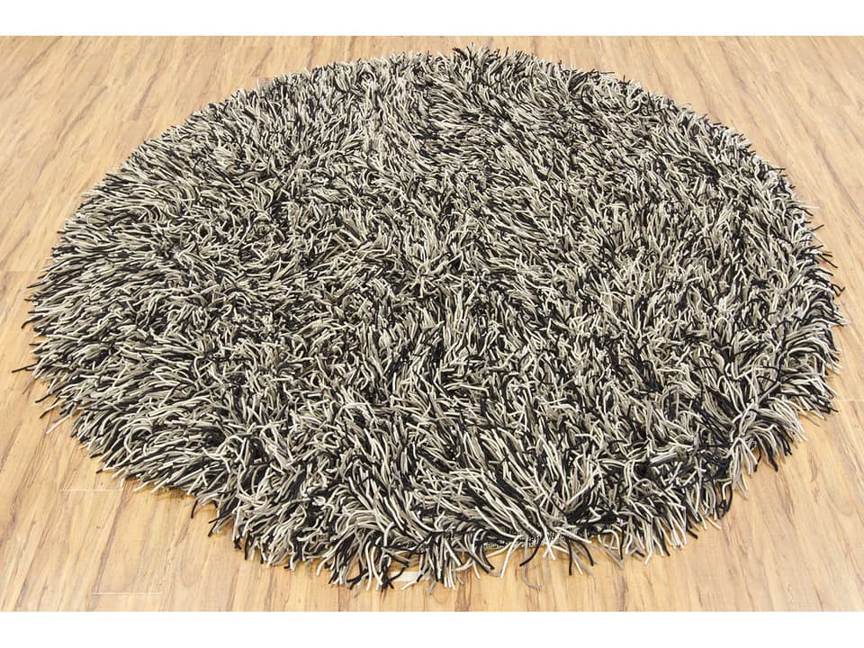 Cyrah Round Shag Area Rug with 5-Inch Pile in Black Taupe Ivory