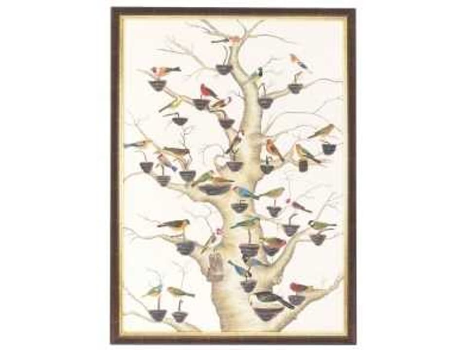 The Aviary Hand Painted Watercolor on Silk in Antique Gold and Brown Frame