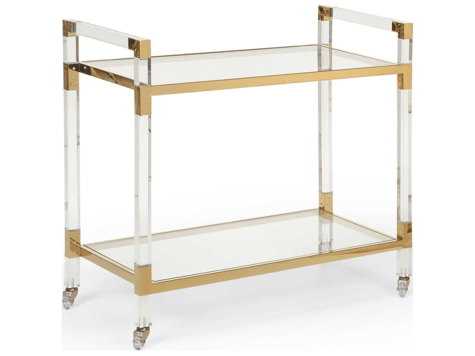 Acrylic Bar Cart with Clear Glass Shelves and Brass Edging