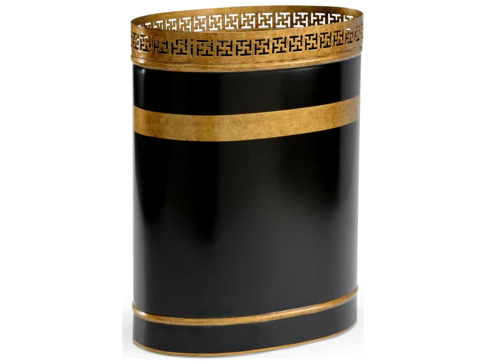 Robbins Wastebasket Black Lacquered Iron with Antique Gold Details