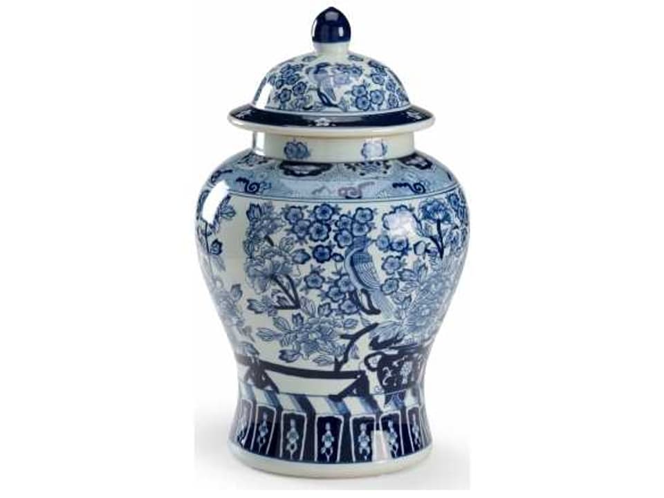 Floral Covered Urn Blue and White Glazed Porcelain