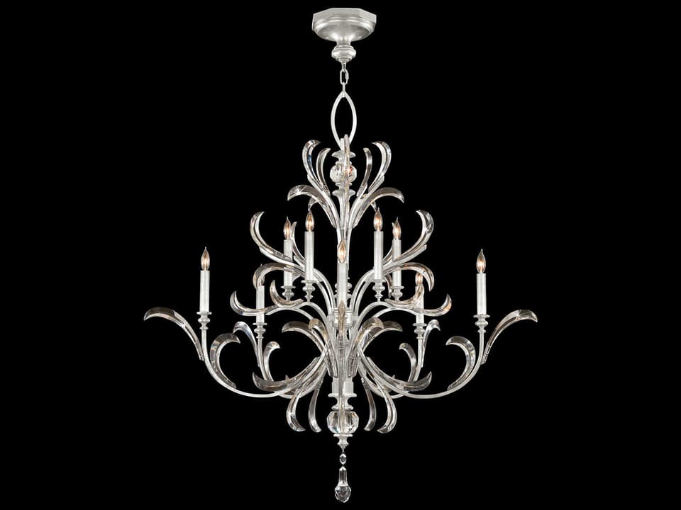 10-Light Beveled Arcs Chandelier in Silver Leaf with Crystal