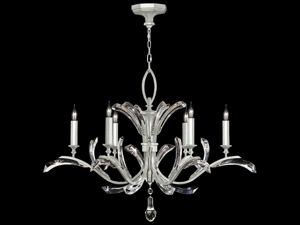 6-Light Beveled Arcs Chandelier in Silver Leaf with Crystal
