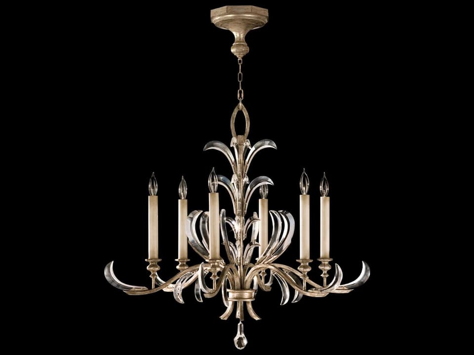 6-Light Beveled Arcs Crystal Chandelier in Silver Leaf