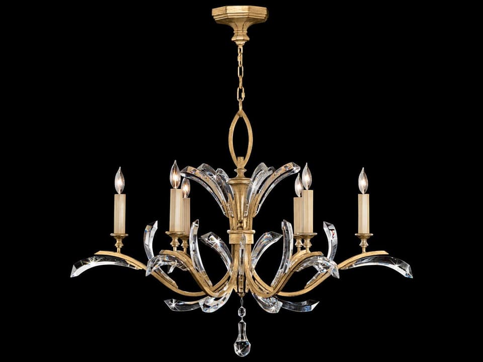 6-Light Beveled Arcs Chandelier in Muted Gold Leaf with Crystal Accents