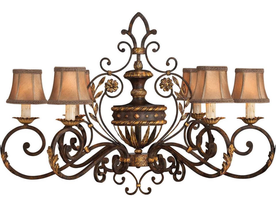 Castile 6-Light Oblong Chandelier in Bronze with Silk Shades