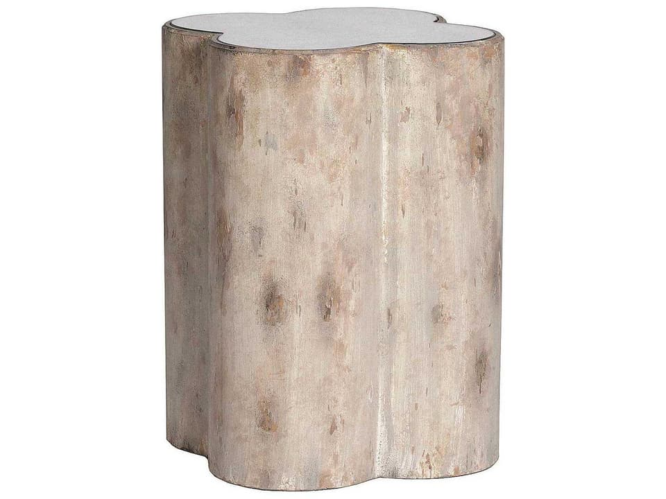 Cassandra Quatrefoil Side Table with Distressed Dove Finish and Mirrored Top