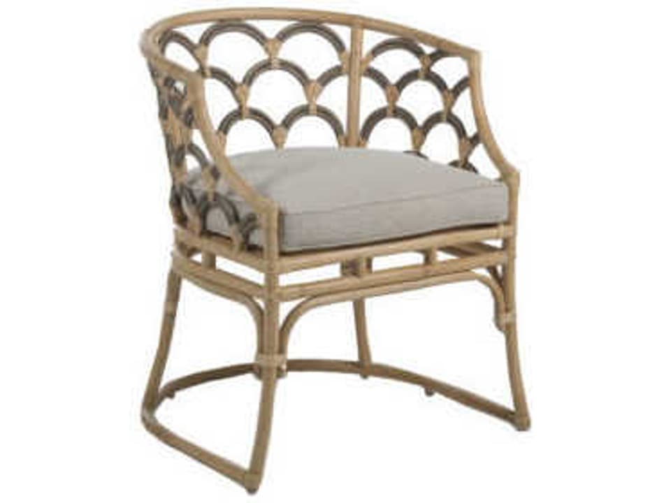 Coralee Gray Linen Upholstered Rattan Arm Dining Chair