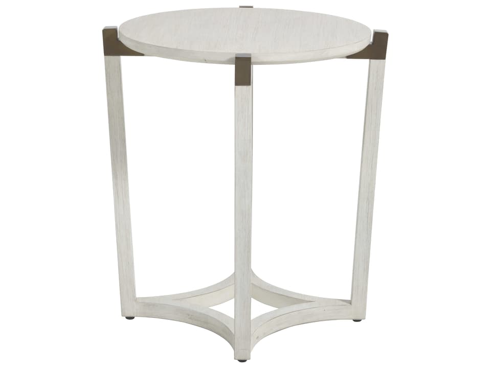Mills Round End Table with Aged Brass Accents in Sesame White