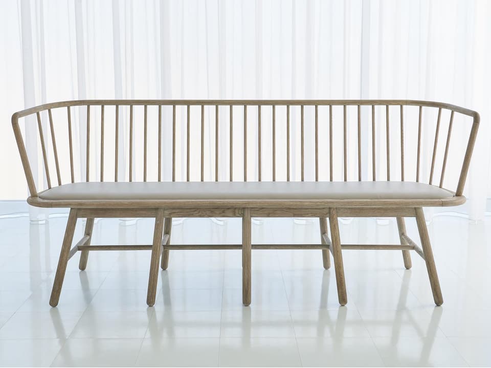 Spindle Long Bench Wire Brushed Grey Oak with Grey Leather Upholstery