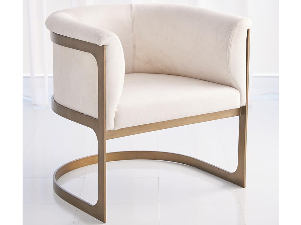 Regan Upholstered Barrel Accent Chair in Ivory Hair-on-Hide with Antique Brass