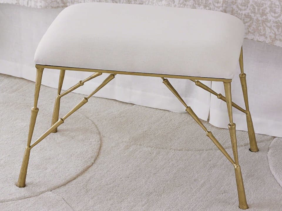 Spike Accent Stool Antique Brass Gold with White Muslin Cushion
