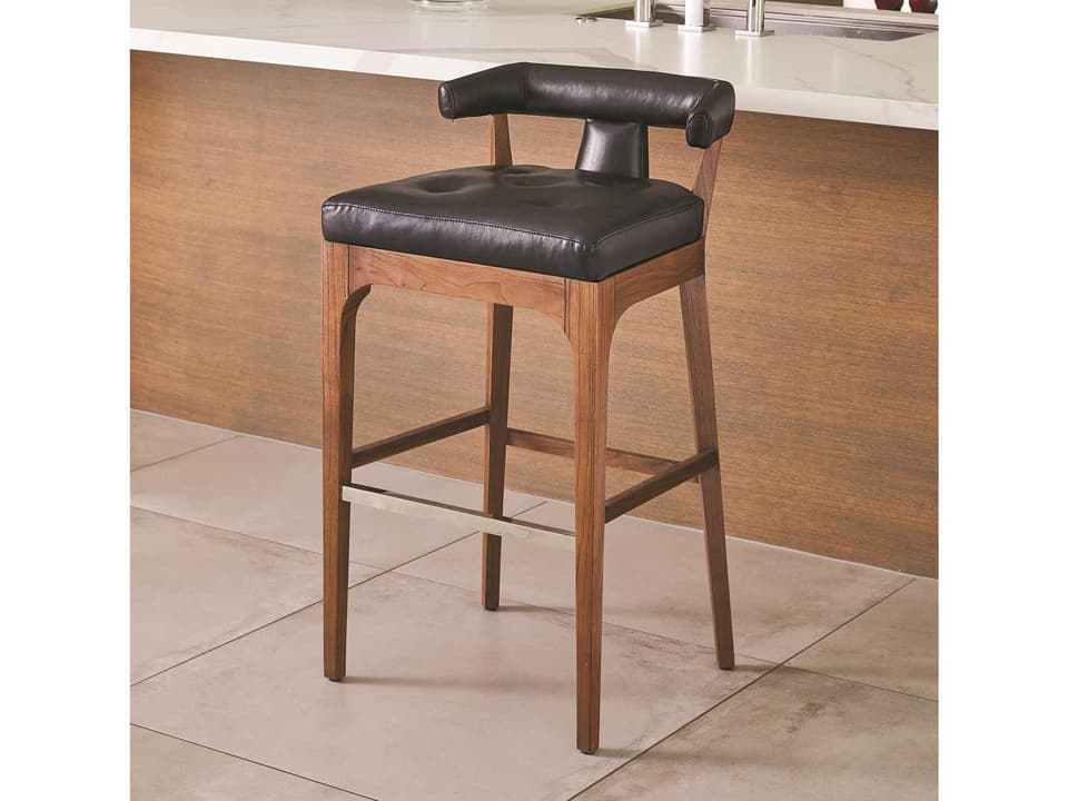 Moderno Black Marble Leather Bar Stool in Natural Walnut