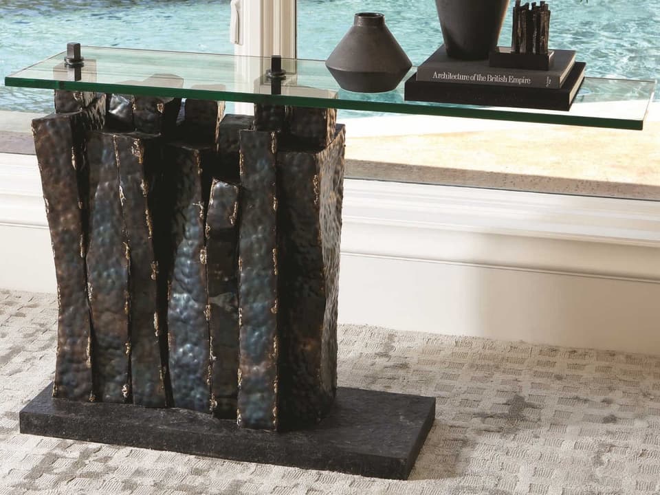 Queue Brutalist Iron and Glass Console Table with Torched Brass
