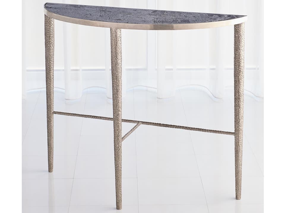 Hammered Console Table with Grey Marble Top and Antique Nickel Finish