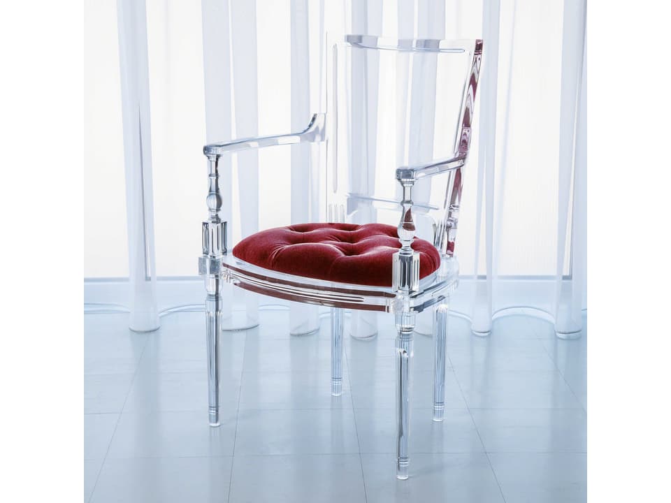 Marilyn Upholstered Arm Dining Chair in Clear Acrylic and Red Pepper Mohair