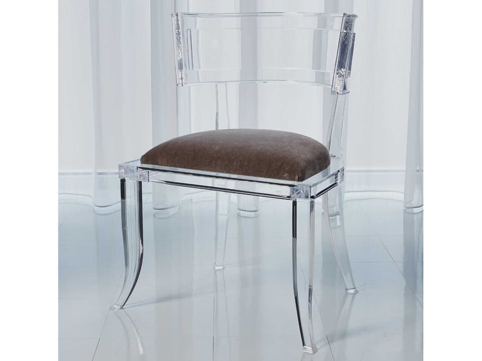 Klismos Upholstered Side Dining Chair in Clear Acrylic and Pewter Mohair