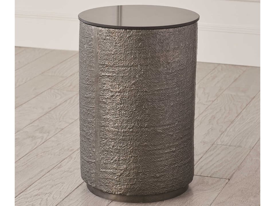 Round Hemp Etched Barrel End Table Black Nickel with Black Granite Top