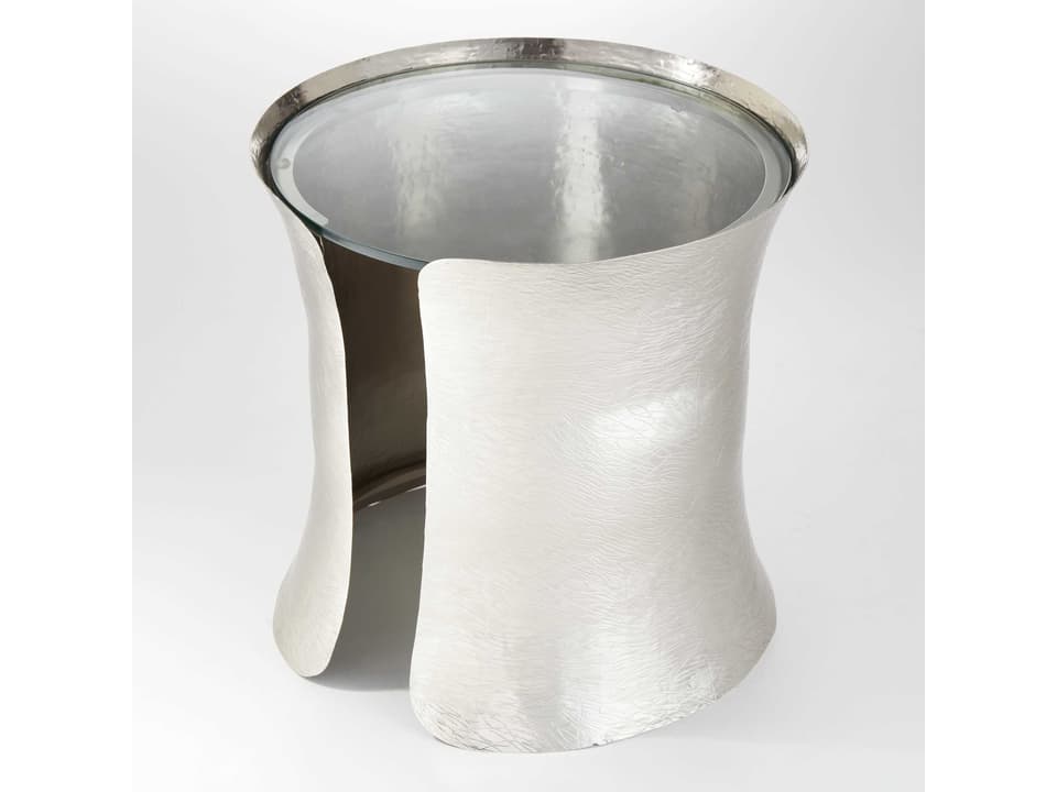 Cuff Round Glass End Table with Nickel Lacquer Coating
