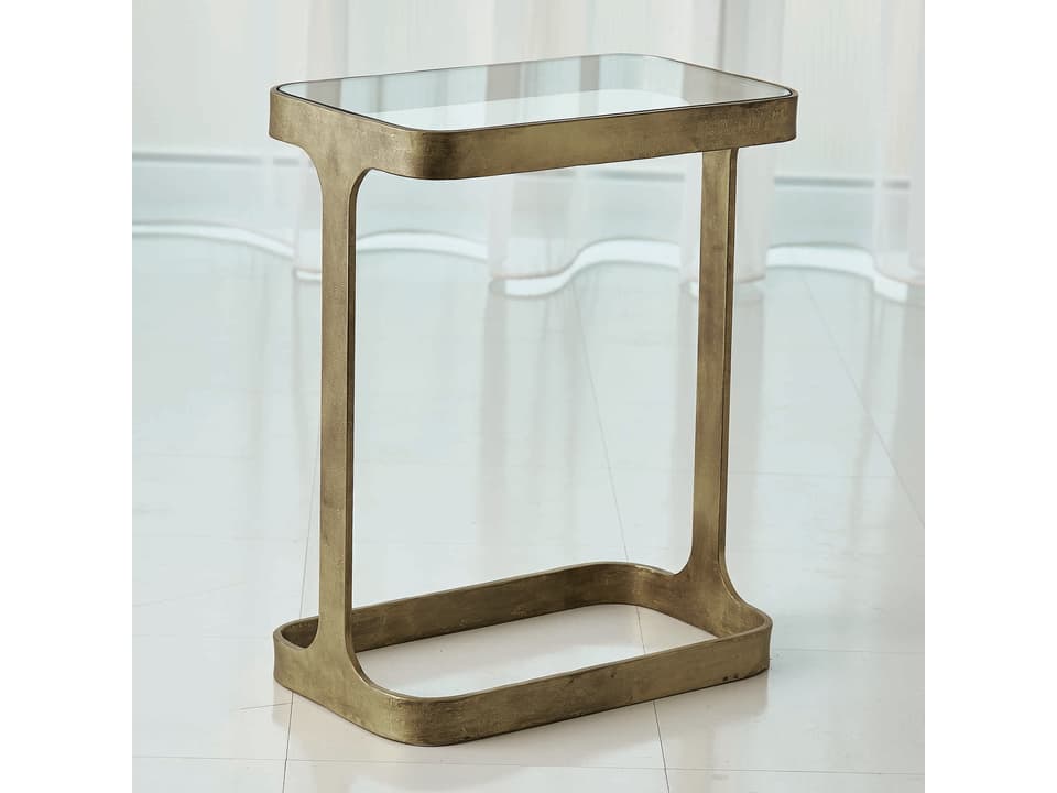 Saddle Traditional Accent Table in Antique Gold with Glass Top