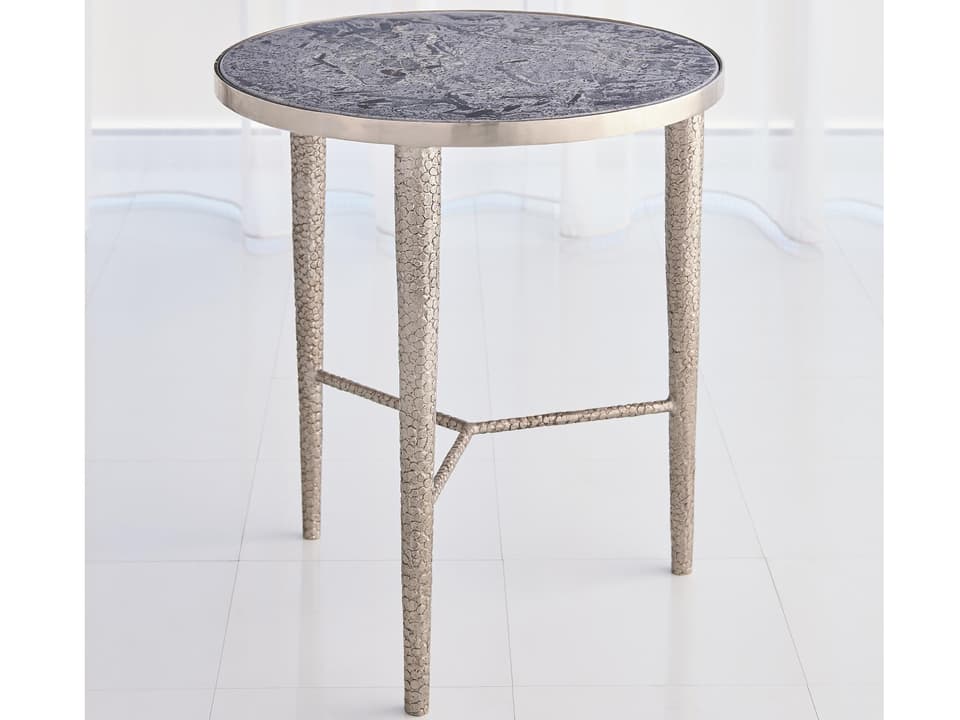 Round Marble and Iron End Table with Antique Nickel Finish