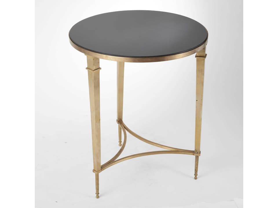French Square Leg Round End Table with Black Granite and Brass