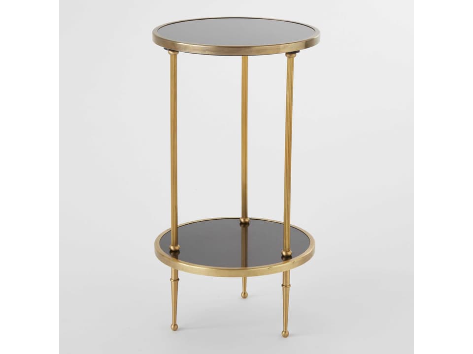 Petite Two Tier Round End Table in Antique Brass and Black Granite