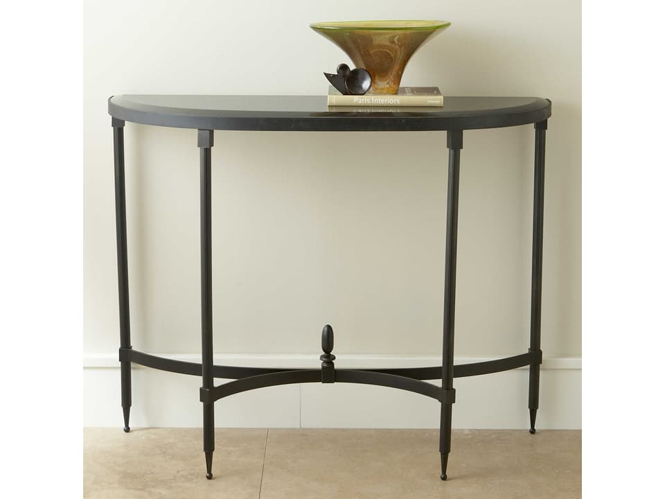 Fluted Iron Collection Demilune Console Table with Black Granite Top