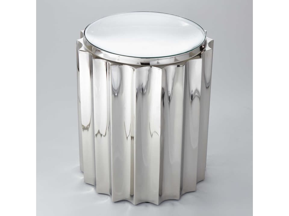 Fluted Round Glass End Table in Nickel Plated Stainless Steel