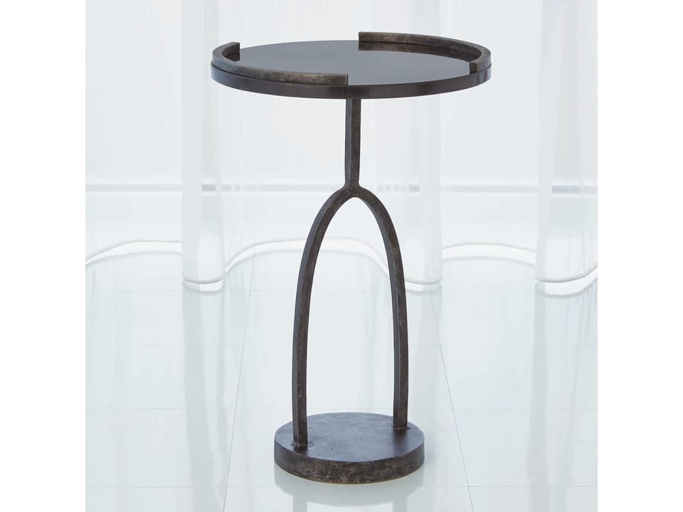 Round Granite End Table with Hand-Forged Iron Wishbone Base