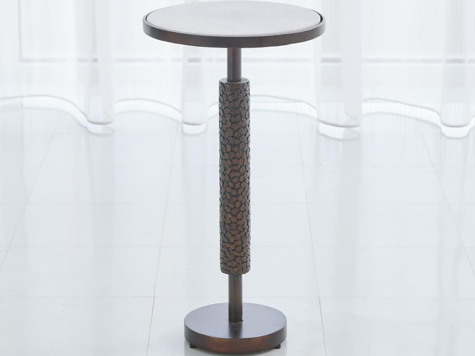 Hammered Martini End Table in Bronze with White Marble Top